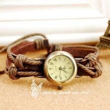 Fine Handmade Woven Leather Strap Small Round Quartz Dial Women's Watch W503