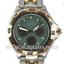 Fossil Blue 3 Eye Green Dial Chrono 50m Wr 2 Tone Casual Sport Watch