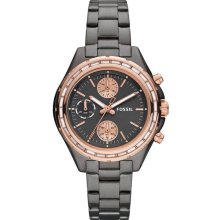 Fossil Ladies Chronograph Stainless Steel Case and Bracelet Black Dial Rose Gold Bezel CH2825