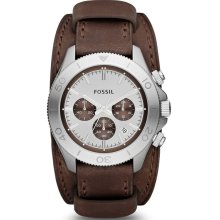 Fossil Mens Retro Traveler Chronograph Stainless Watch - Brown Leather Cuff - Silver Dial - CH2857