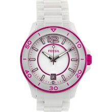 Fossil White Dial White And Magenta Ceramic Bracelet Ladies Watch Ce1051