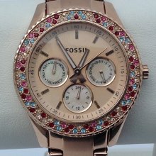 Fossil Womens Watch Rose Gold Jewels Bling Stella Es3198