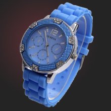 Free Shippinglady's Quartz Wrist Watch Blue Silicone Jelly Band Sliver Bling