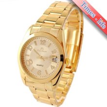 Full Stainless/s Golden Date Quartz Watch Mens Light Magnifier Display