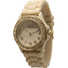 Geneva Beige Gold Face Silicone Rubber Jelly Watch With Crystals