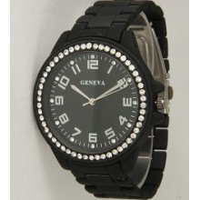 Geneva Boyfriend Style Watch Black Fashion Designer Rhinestones 0404