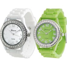 Geneva Platinum Set of 2 Womens Rhinestone Silicone Watches - White/Lime Multi 9