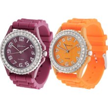 Geneva Platinum Set of 2 Womens Rhinestone Silicone Watches - Berry/Orange Multi 9