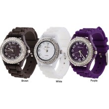 Geneva Platinum Women's Cubic Zirconia Accented Silicone Watch (Purple)