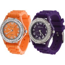 Geneva Platinum Women's Rhinestone-accented Silicone Watch (Set of 2) (Orange and Purple)