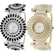 Geneva Platinum Womens Rhinestone Accented Mother of Pearl Cuff Watch Black/Silver