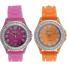 Geneva Platinum Women's Rhinestone-accented Silicone Watch (Set of 2) (Fuchsia and Orange)