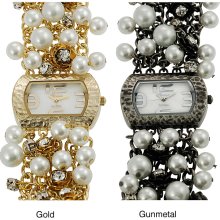 Geneva Platinum Women's Rhinestone Rose and Faux Pearl Watch (Gold)