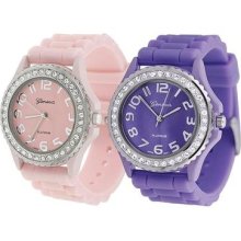 Geneva Platinum Women's Rhinestone-accented Silicone Watch (set Of 2)