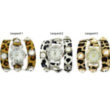 Geneva Rhinestone Wrap-around Watch Leopard Print, Lot Of 10 Pcs