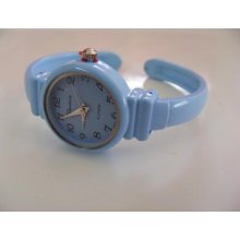 Geneva Round Face Pastel Blue Narrow Band Metal 3/8 Inch Cuff Watch