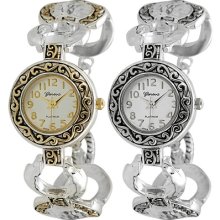 Geneva Womens Hammered Texture Toggle Watch with Scroll Detail Gold/Silver