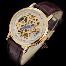 Goer Mechanical Mens Wrist Watch Gold Steel Skeleton Movt Hand Winding Leather