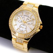 Gold Bracelet 3d Designer Style Crystal Bezel Watch