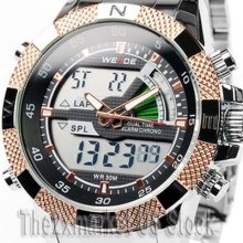 Gold Mens Sport Wrist Watch Digital Stainless Chronograph Multifonction Us Ship