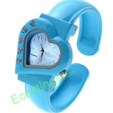 Good Bangle Quartz Watch Crystal Heart Silver Watchcase-Blue