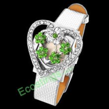 Good Jewelry Green Rhinestone Heart Watchcase Silver Leather Band Ladies Watch