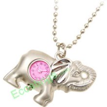 Good Jewelry Ladies Silvery Elephant Pendant Necklace Watch Pink Dial