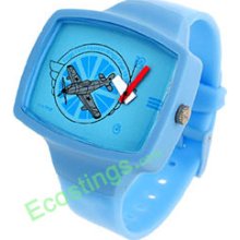 Good Jewelry Lovely Children + Plane Motif Watchcase Blue Band Wrist Watch