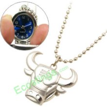 Good Jewelry Navy Blue Dial Ladies Silvery Bull Pendant Covered Necklace Watch