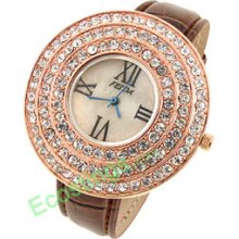 Good Jewelry Round Cap Rhinestone Leather Band Ladies' Watch Brown