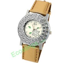 Good Jewelry Round Cap Rhinestone Golden Leather Band Ladies' Watch