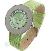 Good Jewelry Round Diamond Leather Ladies Wrist Watch Green