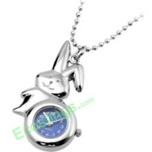 Good Jewelry Silvery Rabbit Pendant Ladies Necklace Watch Navy Blue Dial