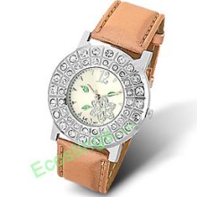 Good Jewelry Silvery Round Cap Rhinestone Brown Leather Band Ladies' Watch