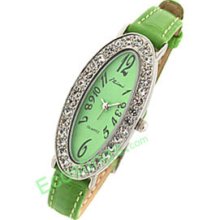 Green Ladies Oval Face Rhinestone Slim Leather Wrist Watch