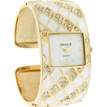 Gruen Ii Quartz Ladies Crystal/white Plaid Gold Tone Cuff Watch Grt922