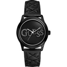 Guess Women's Stainless Steel Case Black Leather Mineral Glass Watch W70040l2