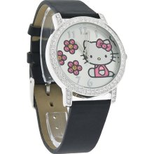 Hello Kitty By Sanrio Ladies Crystal Black Satin Leather Band Watch HK1518