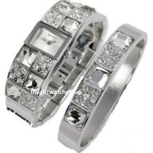 Henley Ladies Watch Or Watch & Bangle Gift Set Real Crystal Silver Tone Slimline