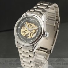 High-level Skeleton Auto-mechanical Analog Stainless Steel Clock Men Wrist Watch