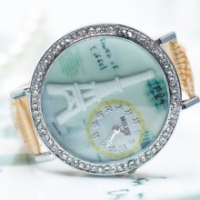 Hot Sweet Women Sport Wrist Watch Bling Crystal Bezel Pu Band Eiffel Tower