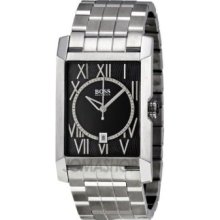 Hugo Boss Mens Black Dial Rectangle Case Roman Numerals Stainless Steel Watch