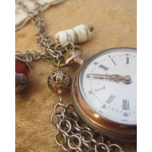 Indira: Vintage Pocket Watch with Sterling Silver Chain and Guatemalan Beads