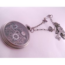 Industrial Steampunk Brass Pocket Watch Body Filled With Watch Partsand Key on 26 Inch Brass Chain