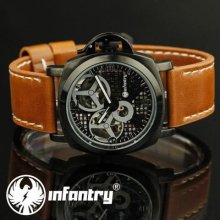 Infantry Seleton Mechanical Mens Gents Wrist Watch Luxury Sport Leather Military