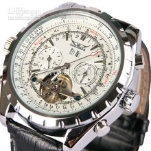 Jaragar Men Leather Mechanical Auto Tourbillion White Dial Date Dive