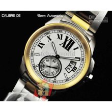 Kdy 42mm White Dial Calibre De 18 Gold Luxury Ss Steel Band Mens Aut