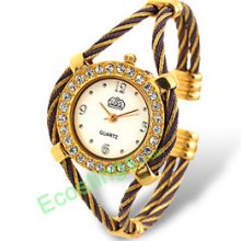 Ladies' Good Bracelet Quartz Watch Rhinestone Round Shape Golden