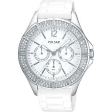 Ladies Pulsar Stainless Steel Crystal White Dial Chronograph Watch