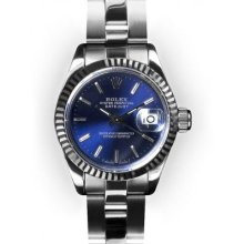 Ladies Stainless Steel Oyster Blue Stick Dial Fluted Rolex Datejust